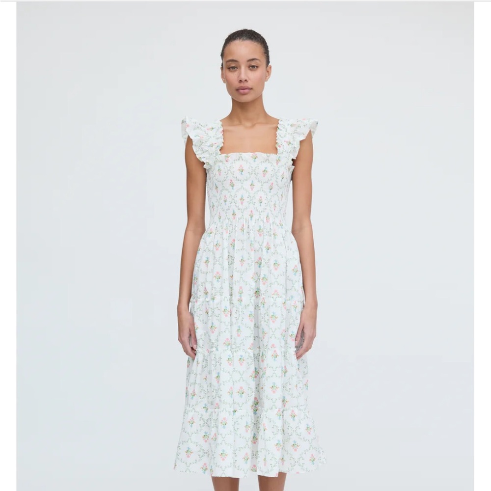 Hill House White Midi Sundress with Flutter Sleeves - Pastel Trellis